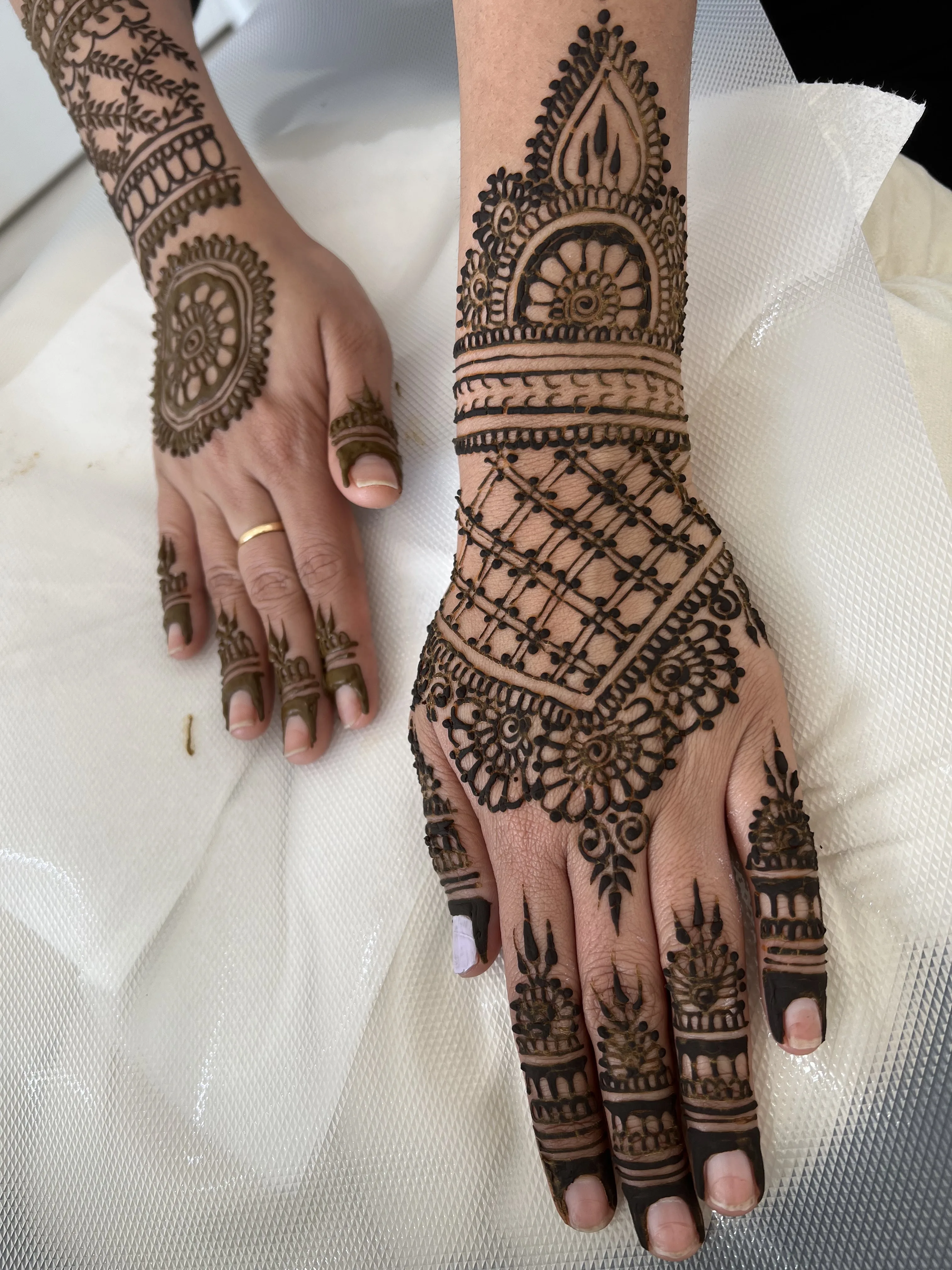 Intricate bridal henna mehndi covering both hands and forearms — mandala, lattice and paisley patterns in wet henna paste
