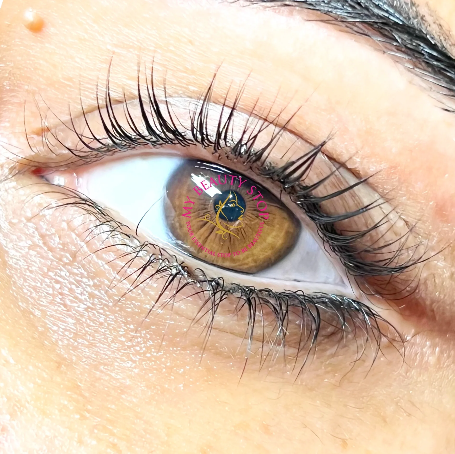 Lash treatment result — hazel eye macro with the My Beauty Stop roundel watermark on the iris
