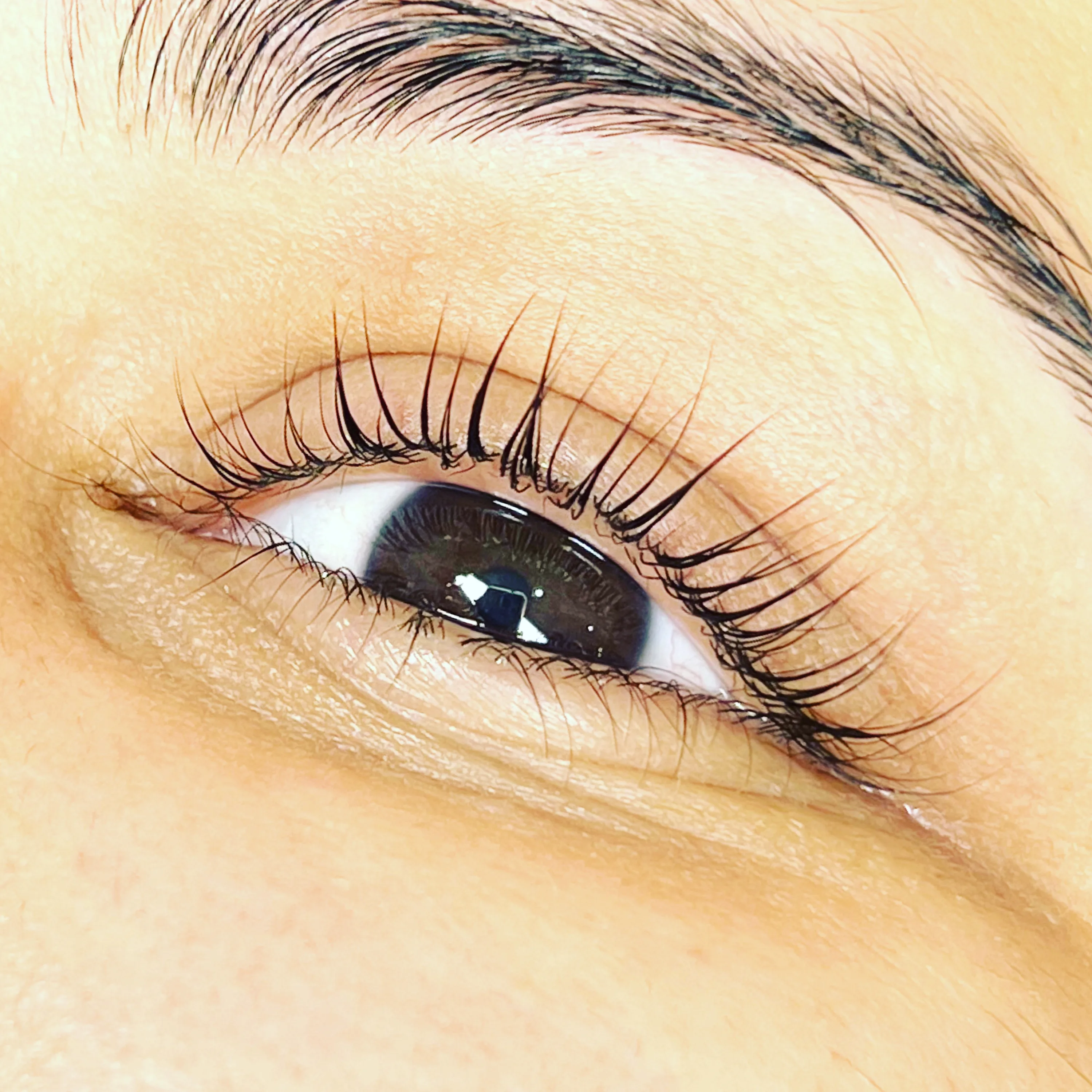 Lash lift result — amber eye macro, natural lashes curled and lifted from the root using a silicone rod